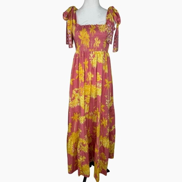 Sheridan French Kelly Dress XL Pink Yellow Floral Tie Strap Smocked Maxi Cotton - Picture 3 of 13